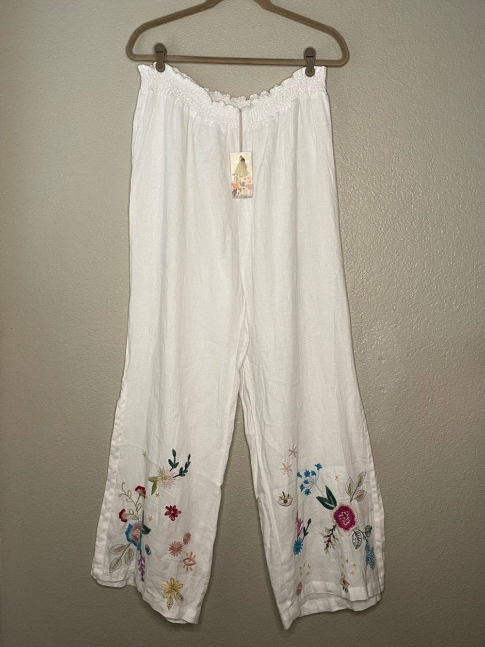 Johnny Was Martine High Slit Palazzo Linen Floral Embroidered White Pant Large